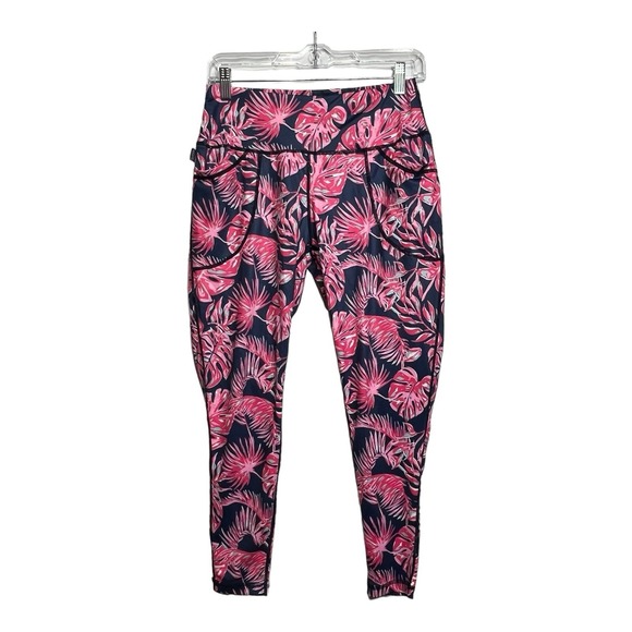 Simply Southern Leggings Size Small Pink Blue Palm Tree Leaves Tropical Pockets‎ - Picture 1 of 8